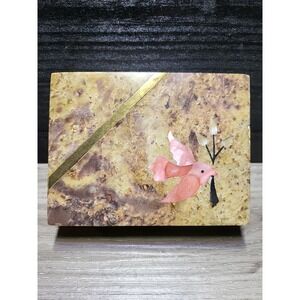 Vintage Marble Trinket Box Pink Bird Inlay Floral Italian Style Tan Brown 4x3x1